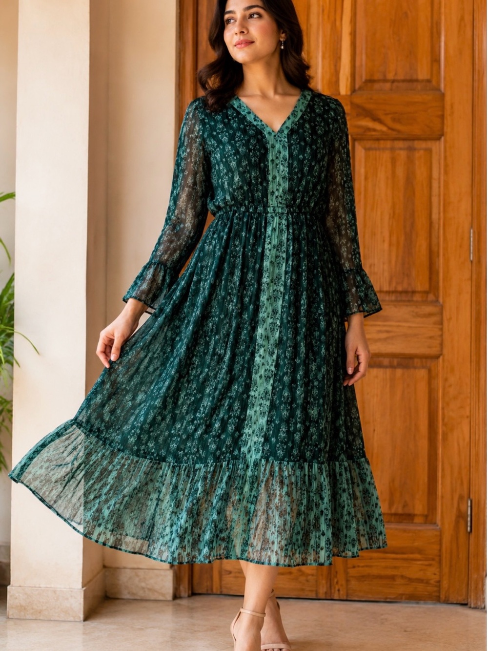 Style & Co. Dark Green Floral Midi Dress with V-Neck